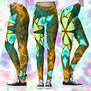 Psychedelic Mandala Flower Teal and Yellow Leggings