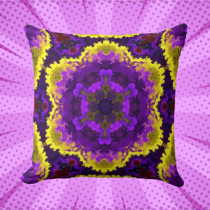 Psychedelic Mandala Flower Yellow and Purple Throw Pillow