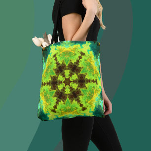 Psychedelic Mandala Flower Yellow Green and Blue Tote Bag