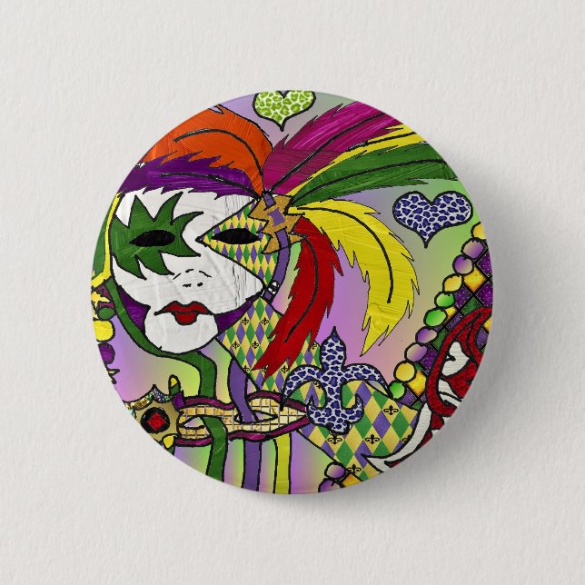 Psychedelic Mardi Gras Feather Mask 2 Inch Round Button (Front)
