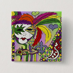 Psychedelic Mardi Gras Feather Mask 2 Inch Square Button