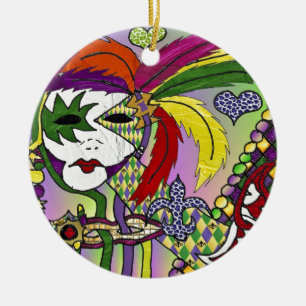 Psychedelic Mardi Gras Feather Mask Ceramic Ornament