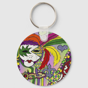 Psychedelic Mardi Gras Feather Mask Keychain