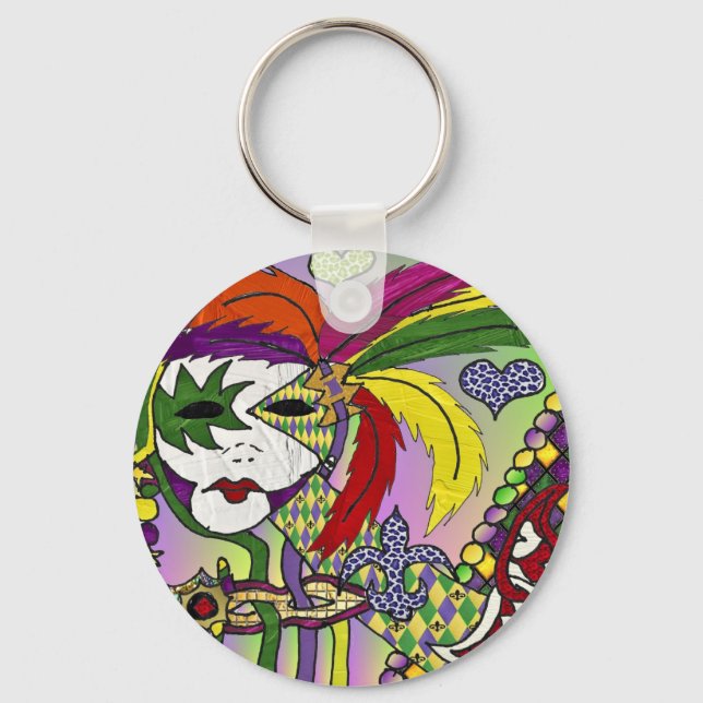 Psychedelic Mardi Gras Feather Mask Keychain (Front)