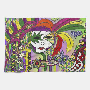 Psychedelic Mardi Gras Feather Mask Kitchen Towel