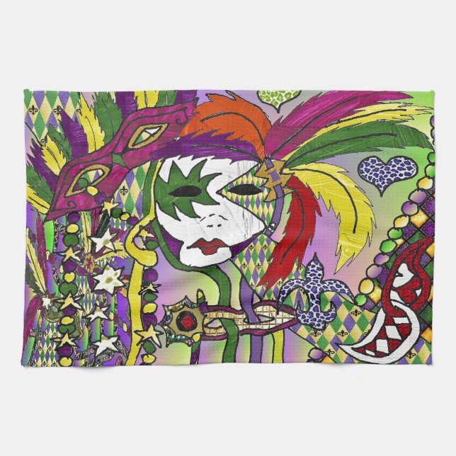 Psychedelic Mardi Gras Feather Mask Kitchen Towel (Horizontal)