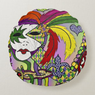 Psychedelic Mardi Gras Feather Mask Round Pillow