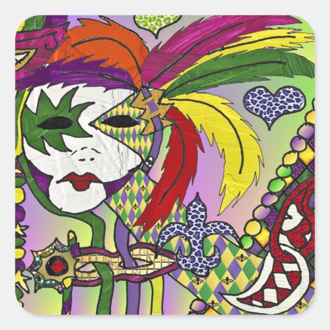 Psychedelic Mardi Gras Feather Mask Square Sticker (Front)