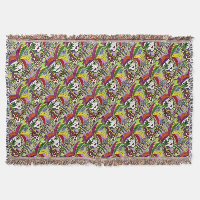 Psychedelic Mardi Gras Feather Mask Throw Blanket (Front)