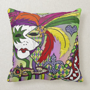 Psychedelic Mardi Gras Feather Mask Throw Pillow