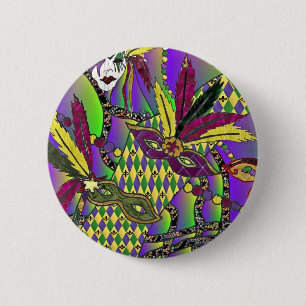 Psychedelic Mardi Gras Feather Masks 2 Inch Round Button