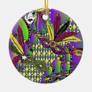 Psychedelic Mardi Gras Feather Masks Ceramic Ornament