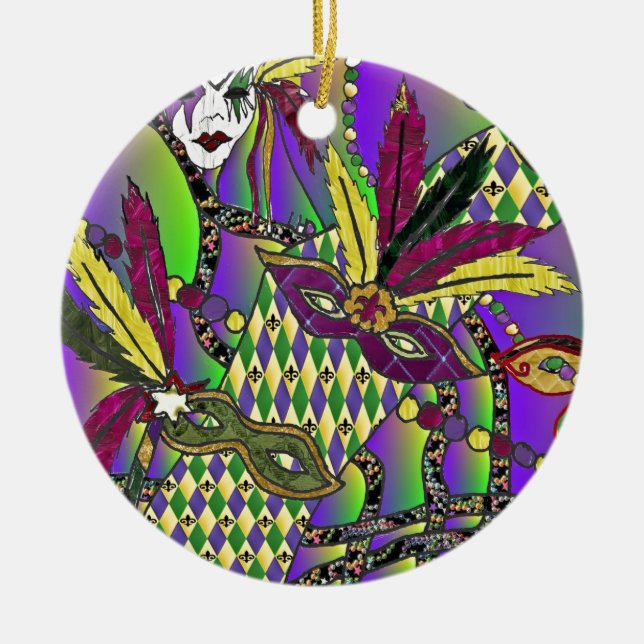 Psychedelic Mardi Gras Feather Masks Ceramic Ornament (Front)