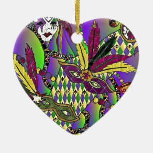 Psychedelic Mardi Gras Feather Masks Ceramic Ornament