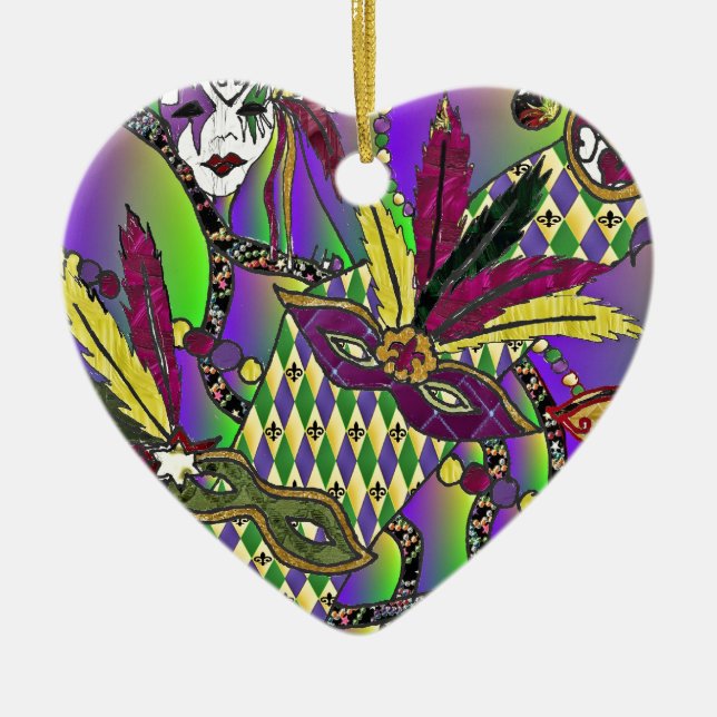 Psychedelic Mardi Gras Feather Masks Ceramic Ornament (Front)
