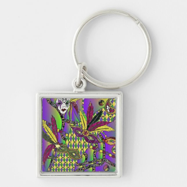 Psychedelic Mardi Gras Feather Masks Gifts Apparel Keychain (Front)