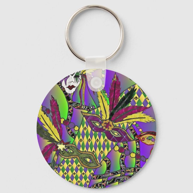 Psychedelic Mardi Gras Feather Masks Gifts Apparel Keychain (Front)