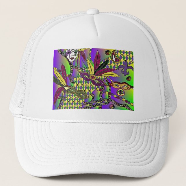 Psychedelic Mardi Gras Feather Masks Gifts Apparel Trucker Hat (Front)