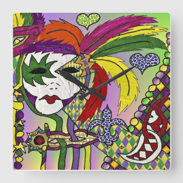 Psychedelic Mardi Gras Feather Masks II Clock (Front)