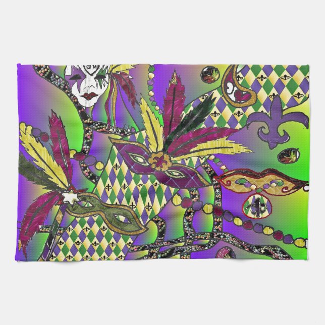 Psychedelic Mardi Gras Feather Masks Kitchen Towel (Horizontal)
