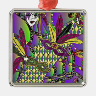 Psychedelic Mardi Gras Feather Masks Metal Ornament