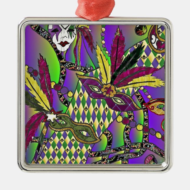 Psychedelic Mardi Gras Feather Masks Metal Ornament (Front)