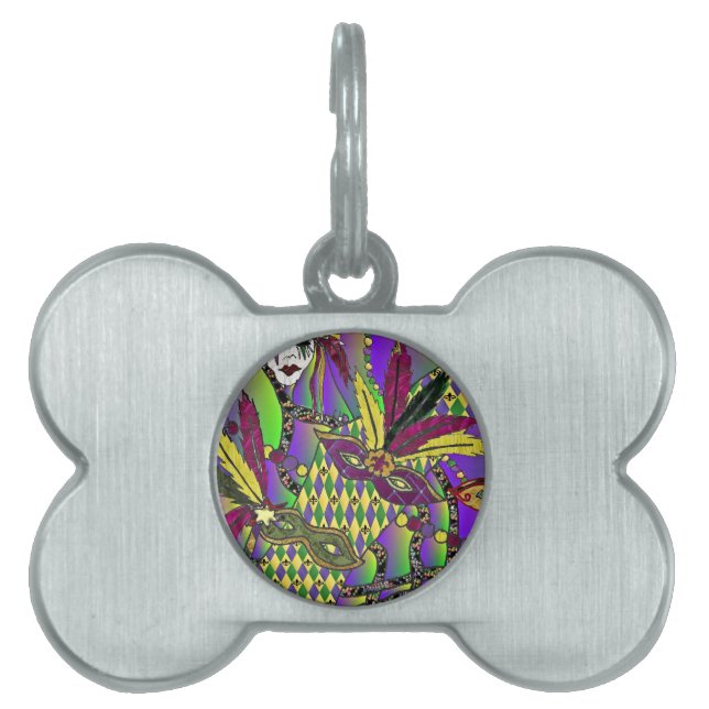 Psychedelic Mardi Gras Feather Masks Pet Name Tag (Front)
