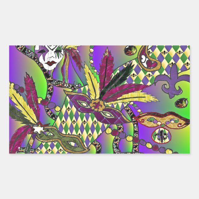 Psychedelic Mardi Gras Feather Masks Sticker (Front)