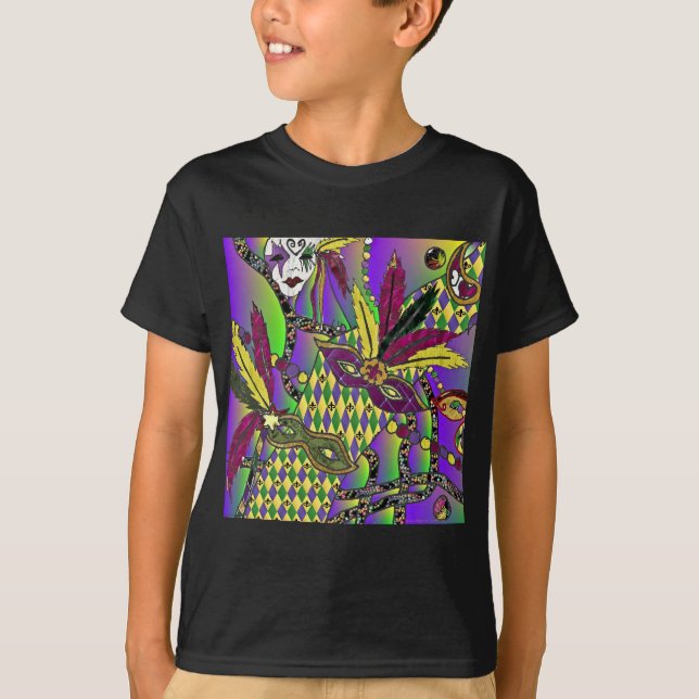 Psychedelic Mardi Gras Feather Masks T-Shirt (Front)