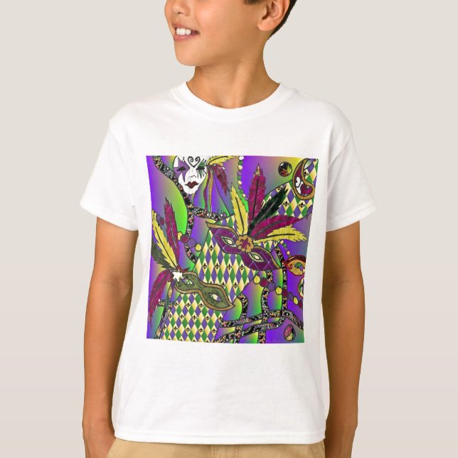 Psychedelic Mardi Gras Feather Masks T-Shirt (Front)