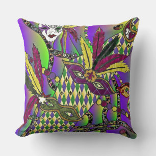 Psychedelic Mardi Gras Feather Masks Throw Pillow