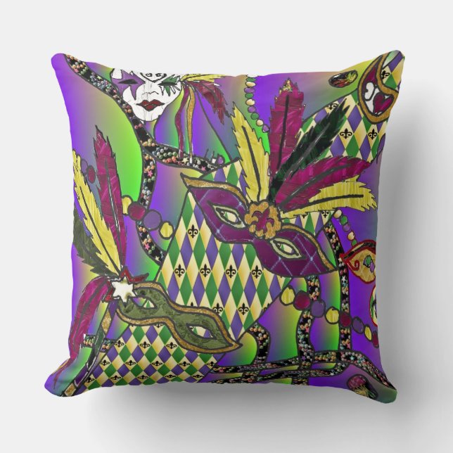Psychedelic Mardi Gras Feather Masks Throw Pillow (Front)