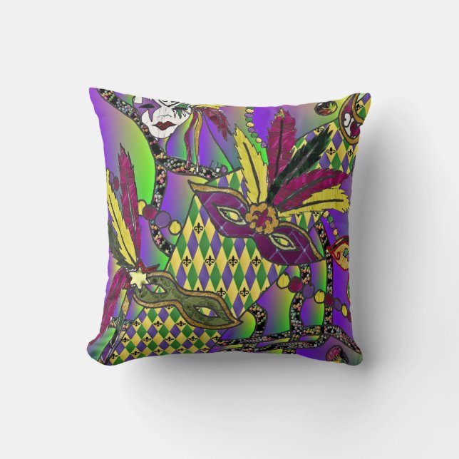 Psychedelic Mardi Gras Feather Masks Throw Pillow (Front)