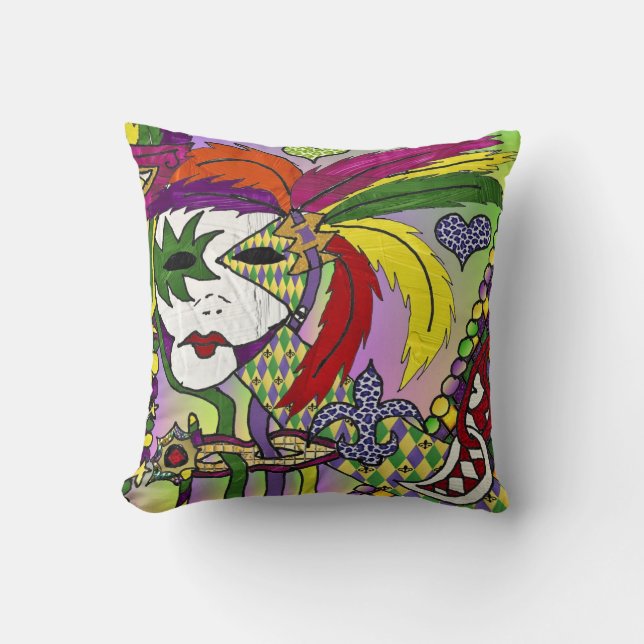 Psychedelic Mardi Gras Feather Masks Throw Pillow (Front)