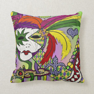 Psychedelic Mardi Gras Feather Masks Throw Pillow