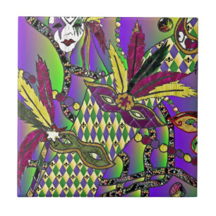 Psychedelic Mardi Gras Feather Masks Tile
