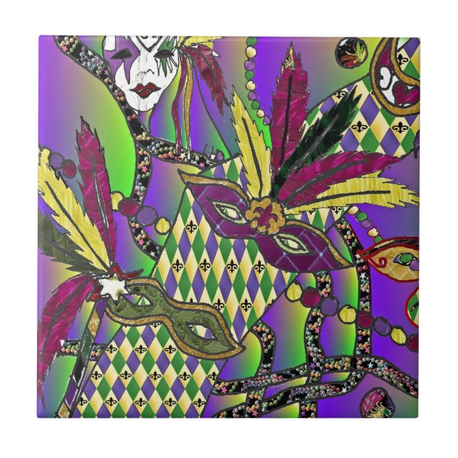 Psychedelic Mardi Gras Feather Masks Tile (Front)