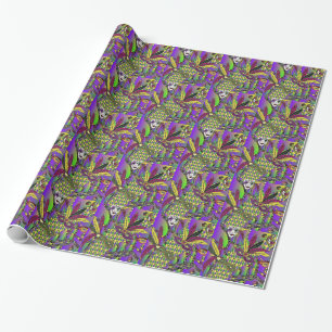Psychedelic Mardi Gras Feather Masks Wrapping Paper