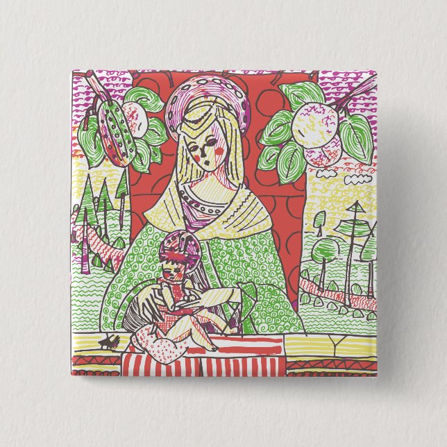 Psychedelic Maria and her son (Jesus) 2 Inch Square Button (Front)