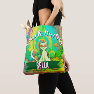 Psychedelic Meow & Destroy Personalized Cat  Tote Bag