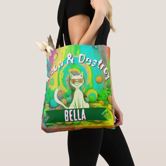 Psychedelic Meow & Destroy Personalized Cat  Tote Bag (Close Up)