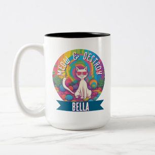 Psychedelic Meow & Destroy Personalized Cat  Two-Tone Coffee Mug