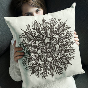 Psychedelic Mushroom Mandala Black And White Throw Pillow