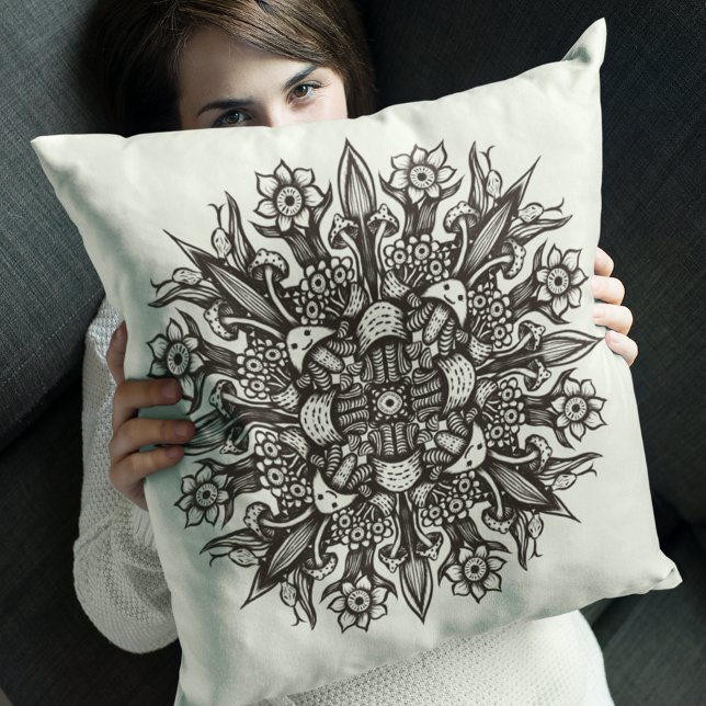 Psychedelic Mushroom Mandala Black And White Throw Pillow (Creator Uploaded)