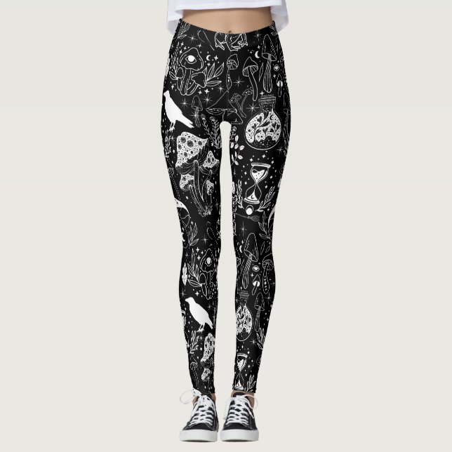 Psychedelic Mushroom Pattern 2D.BW.b Black BG Leggings (Front)