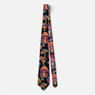 Psychedelic Mushroom Pattern 3D Black BG Tie
