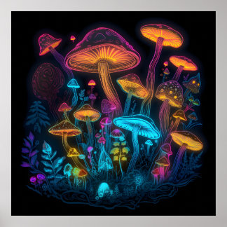 Psychedelic Mushroom Poster Neon Bright Dark Glow