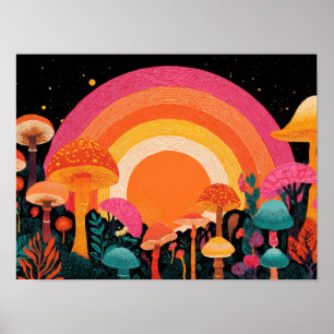 Psychedelic Mushroom Sunset – Retro Fantasy Nature Poster