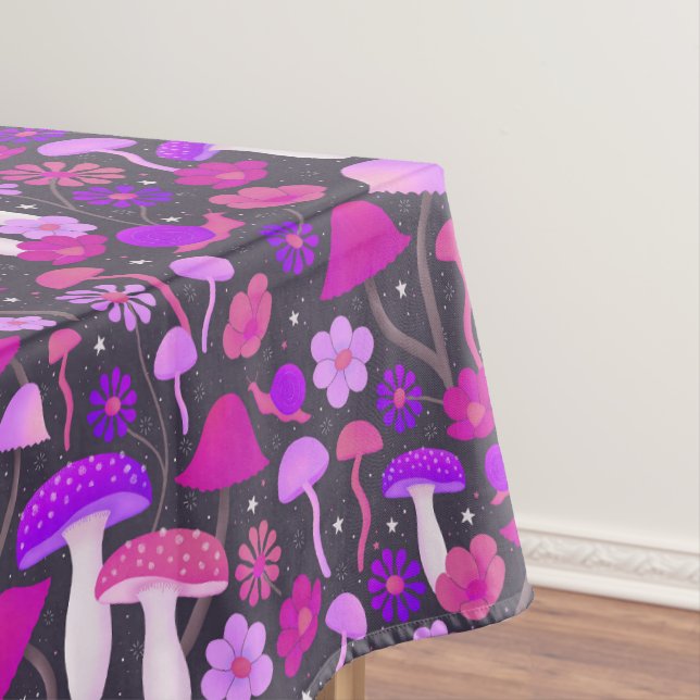 Psychedelic Mushrooms & Floral Pink, Purple, Black Tablecloth (In Situ)