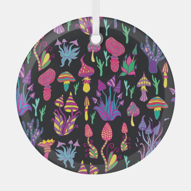 Psychedelic Mushrooms Rainbow Colours Pattern Glass Ornament (Front)